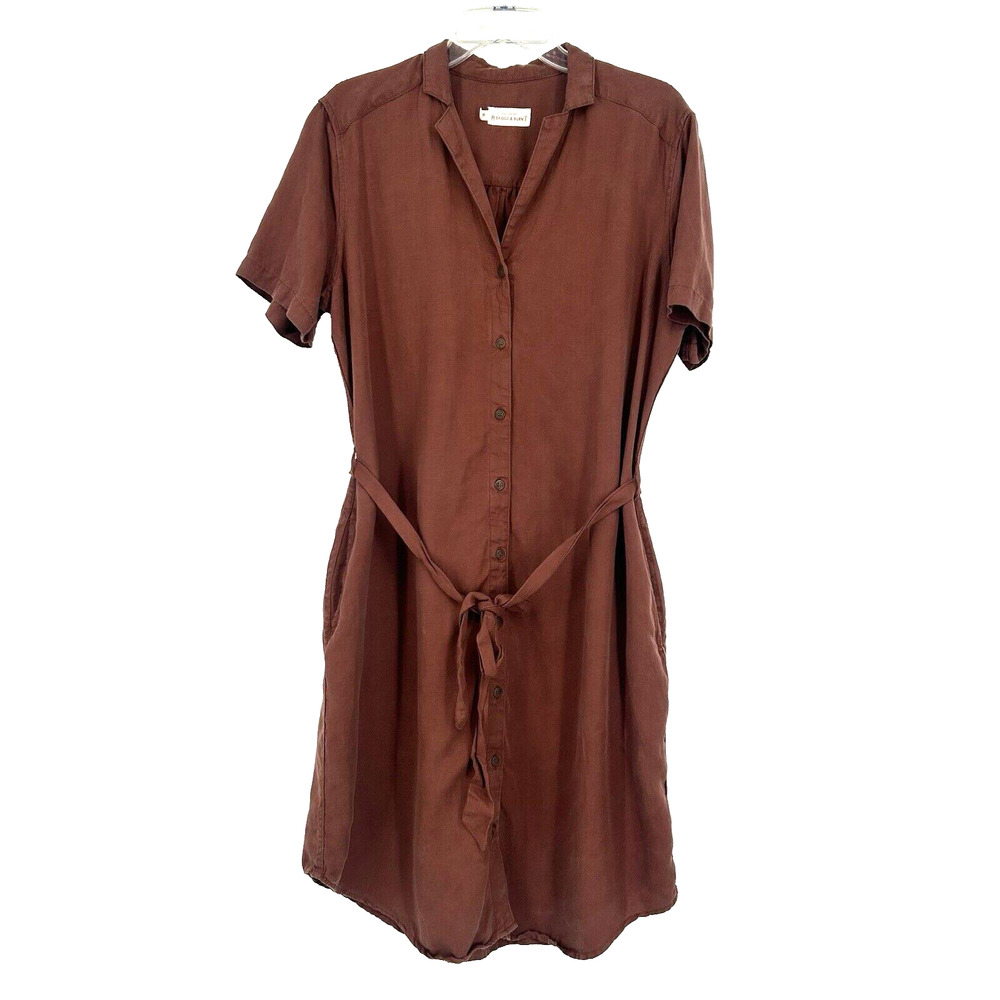 Bridge & Burn Button Up Shirt Dress Brown Belted Pockets Tencel Linen Size XL